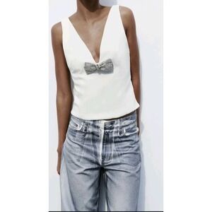 Zara Jeweled Bow Deep V Sleeveless Top White Size M NWOT